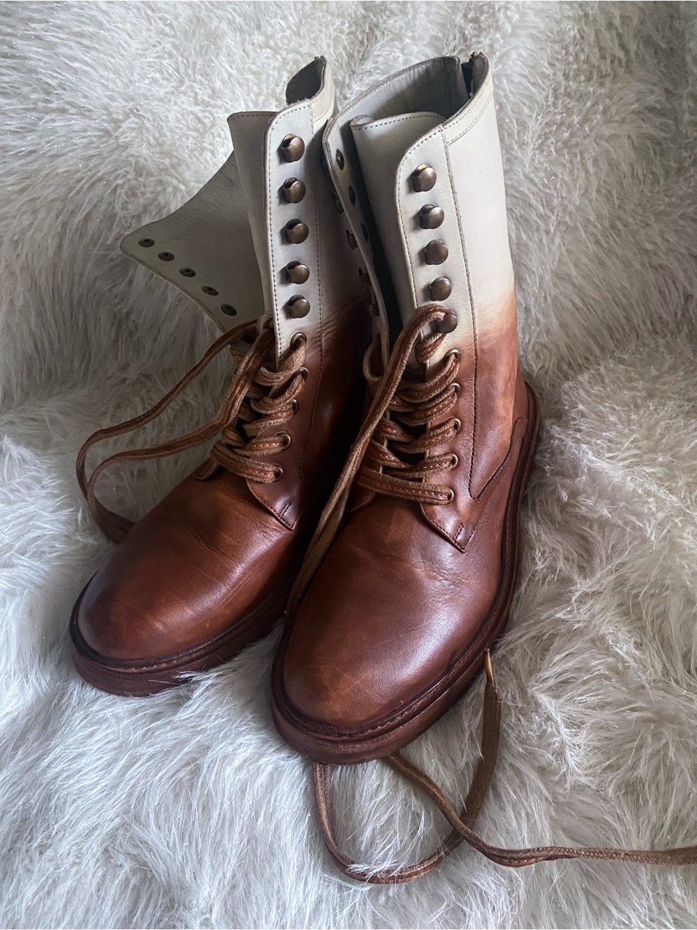 Vintage Foundry Two-Tone Brown and Cream Leather Lace-Up Boots